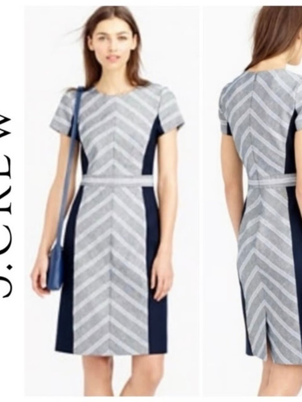 J.Crew Sheath Dress Navy Gray Dress Chevron Diagonal Stripes 10P EUC